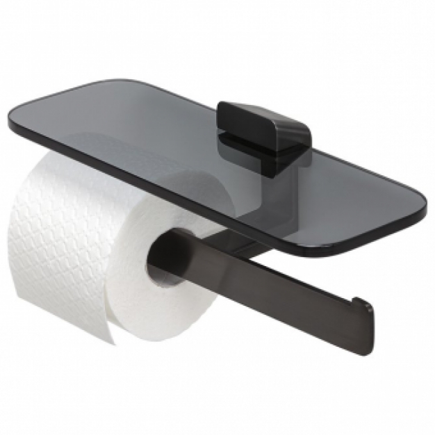 BRUSHED BLACK METAL - Toiletrolhouder dubbel met planchet